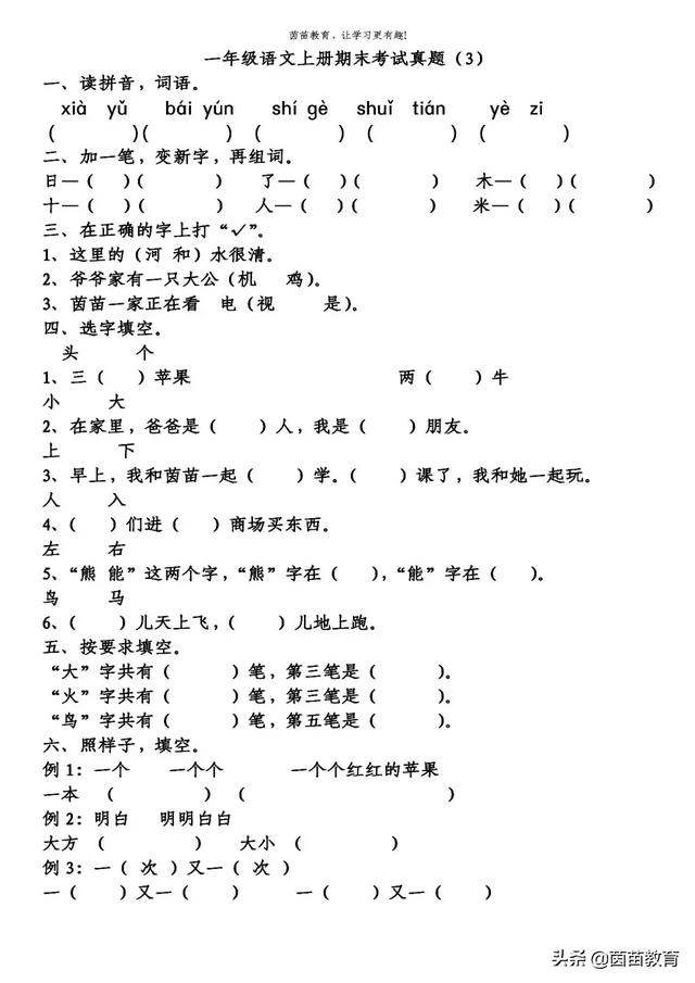 一年级真题期末考试卷,一年级数学期末测试卷，小学生100分，卷面整洁