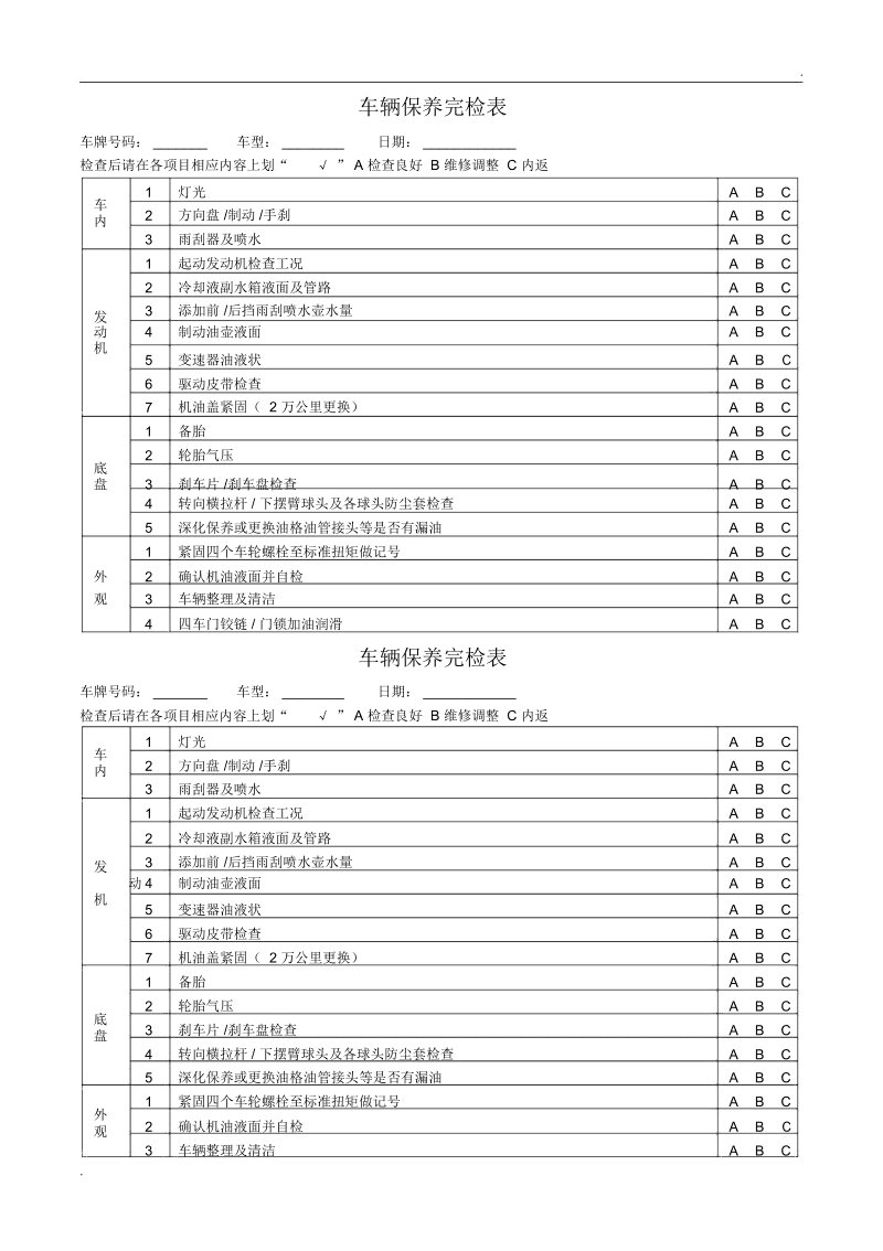 汽车保养项目一览表