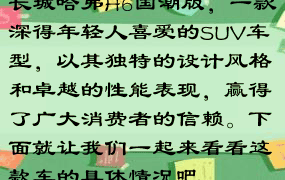 长城哈弗H6国潮版，一款深得年轻人喜爱的SUV车型，以其独特的设计风格和卓越的性能表现，赢得了广大消费者的信赖。下面就让我们一起来看看这款车的具体情况吧。