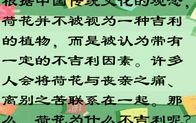 根据中国传统文化的观念，荷花并不被视为一种吉利的植物，而是被认为带有一定的不吉利因素。许多人会将荷花与丧亲之痛、离别之苦联系在一起。那么，荷花为什么不吉利呢？