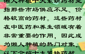 懒人种植十大紧缺药材是指那些市场供应不足、价格较高的药材。这些药材在中医药和养生领域有着非常重要的作用，因此成为懒人种植的热门对象，以下介绍十大紧缺药材。